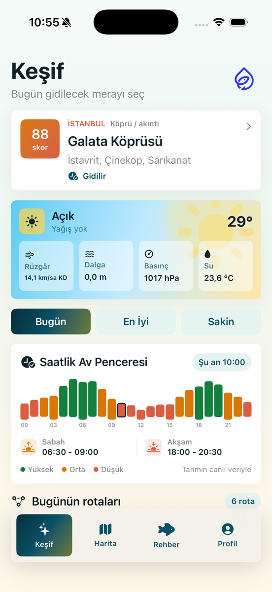 MERA keşif ekranında Galata Köprüsü av skoru ve hava verileri